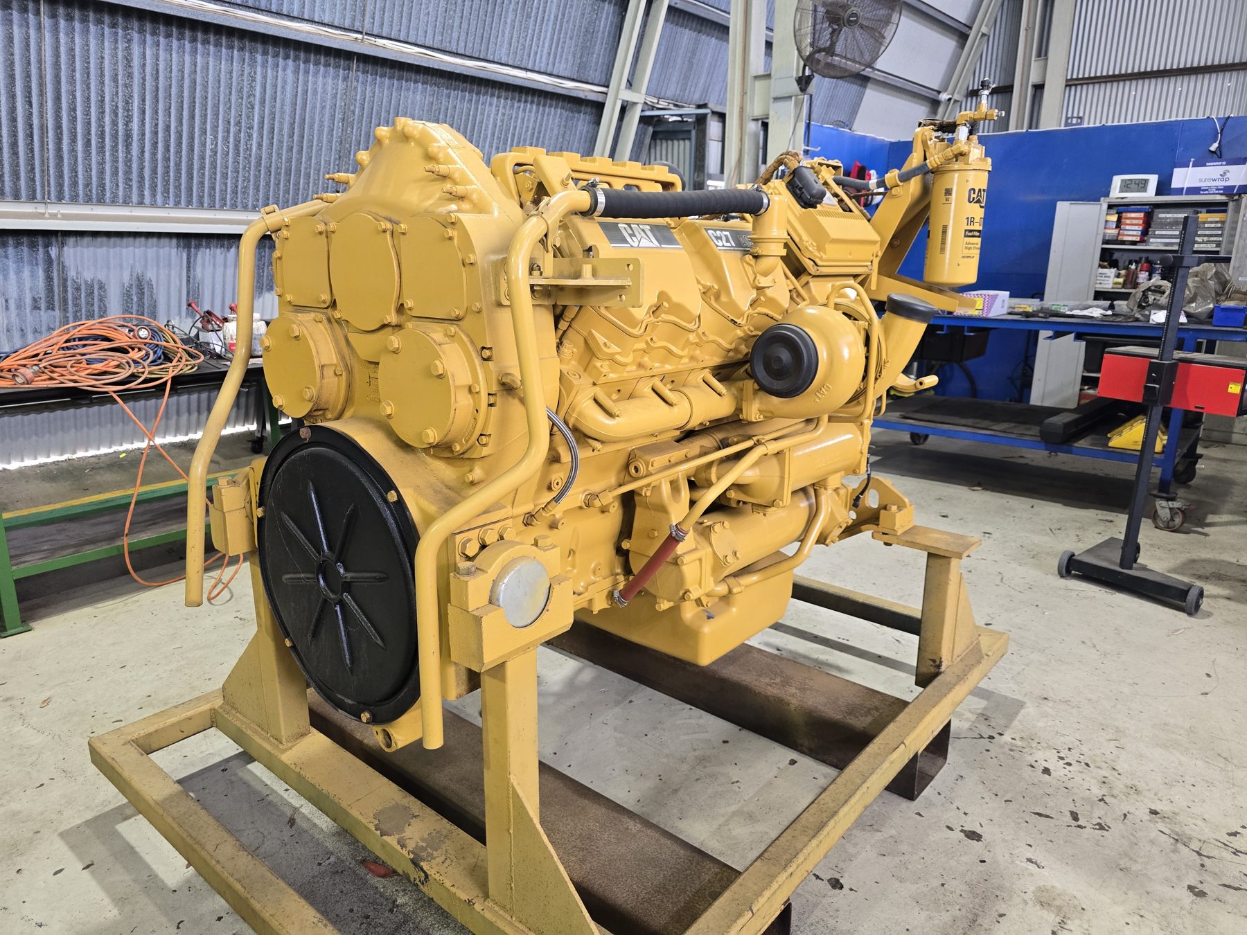 Flywheel end of a CAT C27 engine after a full rebuild